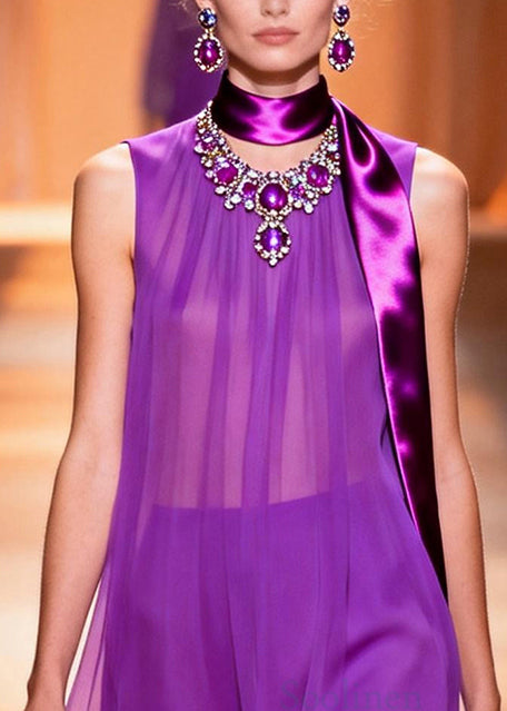 Italian Purple Asymmetrical Sheer Chiffon Mini Dress Sleeveless