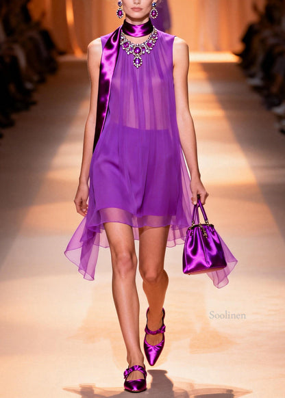 Italian Purple Asymmetrical Sheer Chiffon Mini Dress Sleeveless