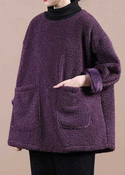 Italian Purple Faux Fur Turtle Neck Pockets Sweatshirts Top Winter