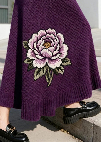 Italienischer lila geblümter Strickrock mit hohem Bund, Winter