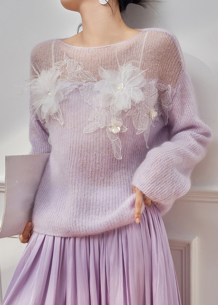 Italian Purple Hollow Out Floral Patchwork Knit Sweater Spring