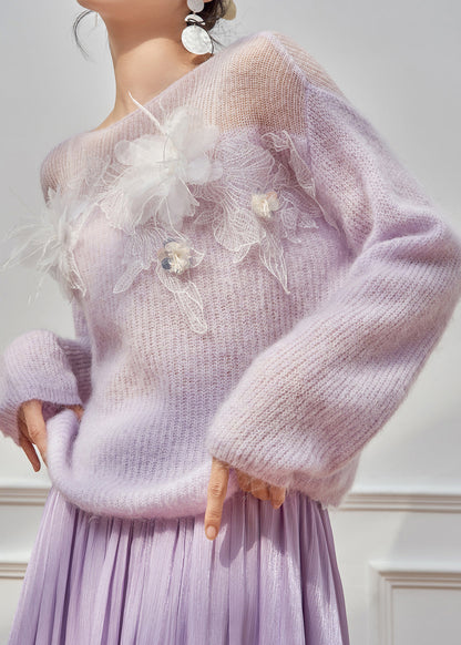 Italian Purple Hollow Out Floral Patchwork Knit Sweater Spring