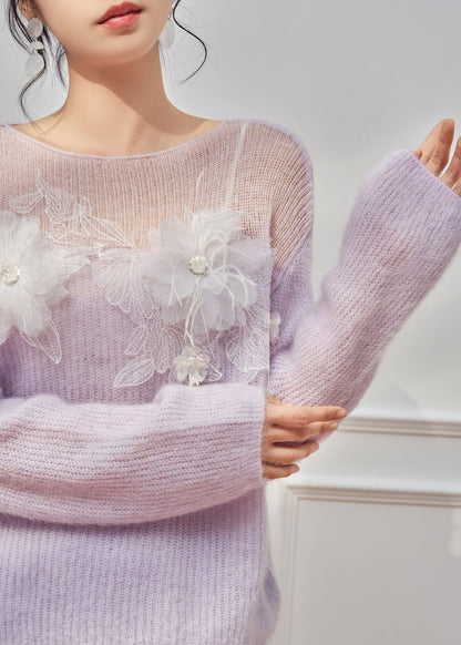 Italian Purple Hollow Out Floral Patchwork Knit Sweater Spring