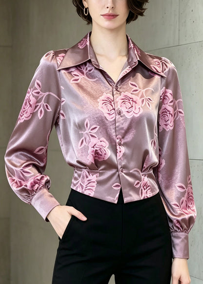 Italian Purple Peter Pan Collar Print Silk Top Summer
