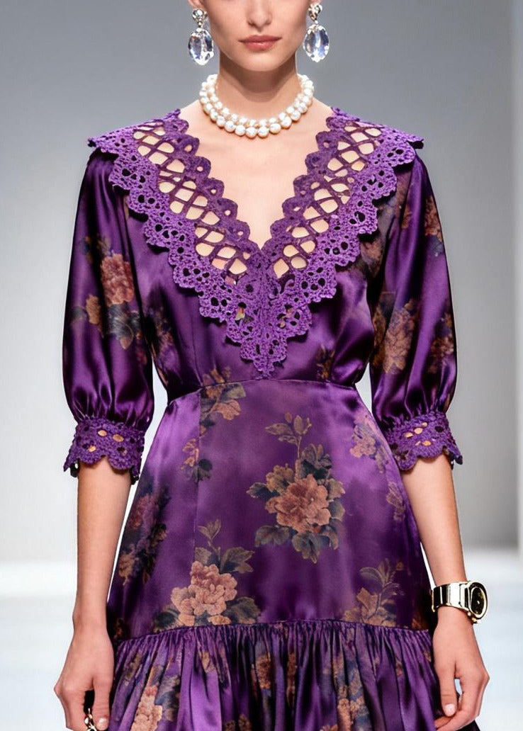 Italian Purple Print Lace Patchwork Silk Long Dress Summer