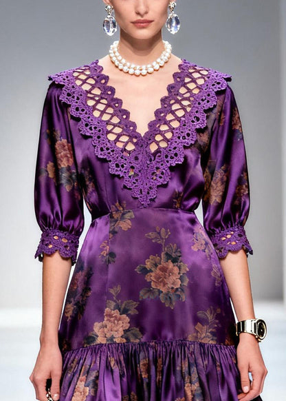 Italian Purple Print Lace Patchwork Silk Long Dress Summer