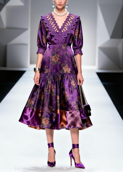 Italian Purple Print Lace Patchwork Silk Long Dress Summer