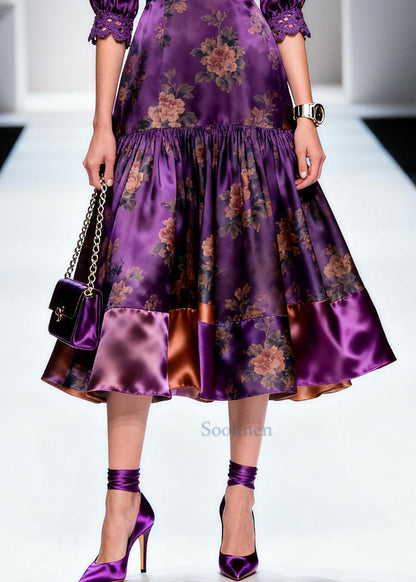 Italian Purple Print Lace Patchwork Silk Long Dress Summer