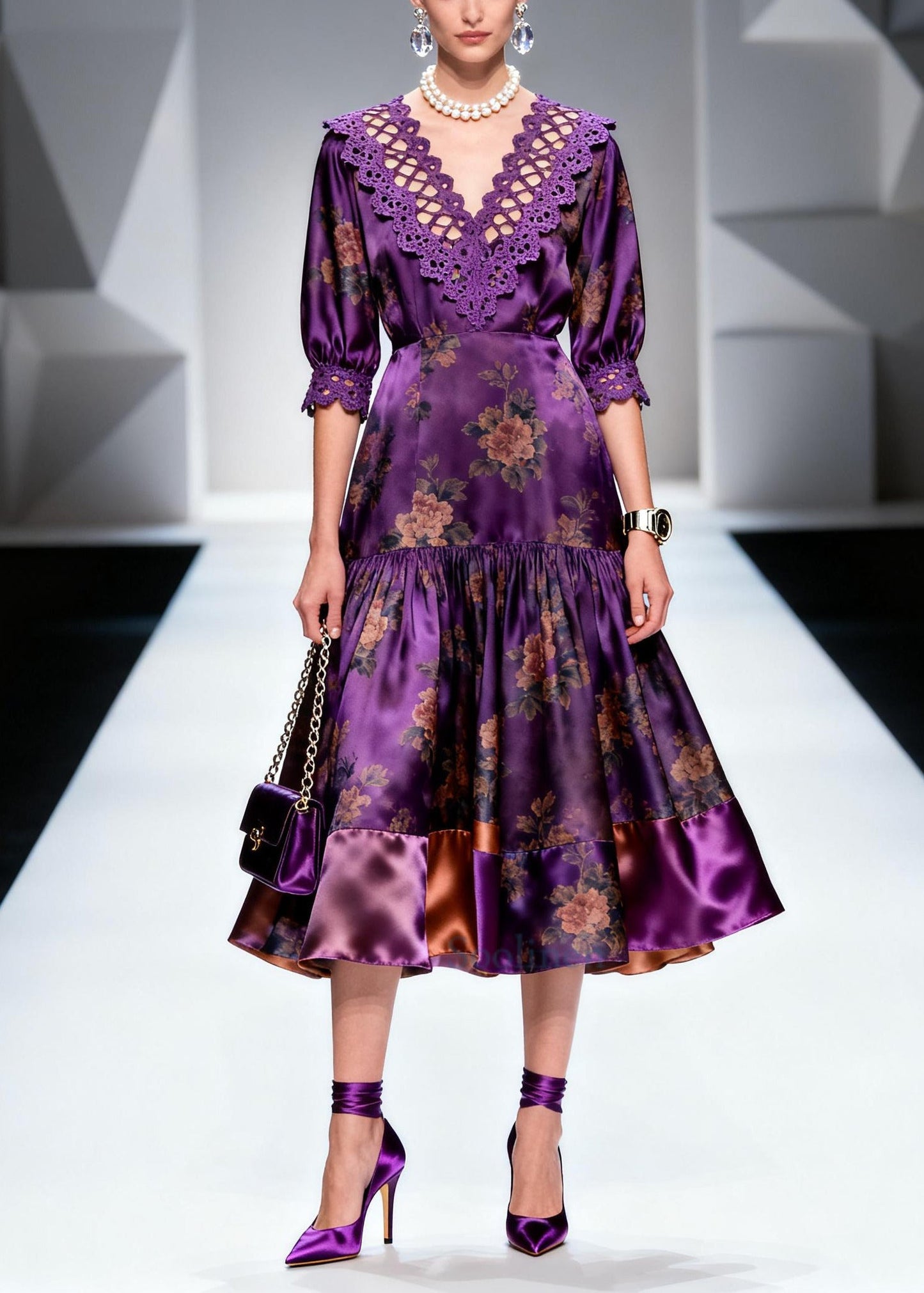 Italian Purple Print Lace Patchwork Silk Long Dress Summer
