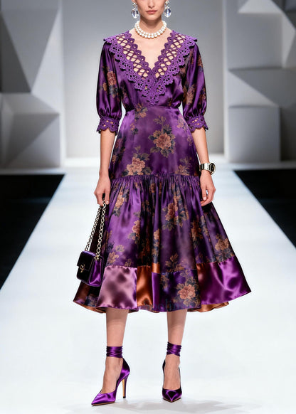 Italian Purple Print Lace Patchwork Silk Long Dress Summer