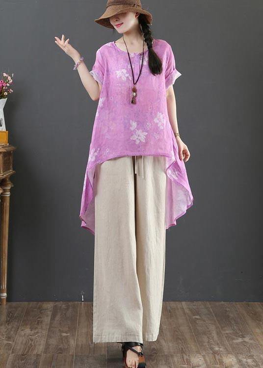 Italian Purple Print Linen Button Summer Shirt Top - SooLinen