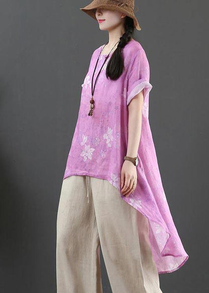 Italian Purple Print Linen Button Summer Shirt Top - SooLinen