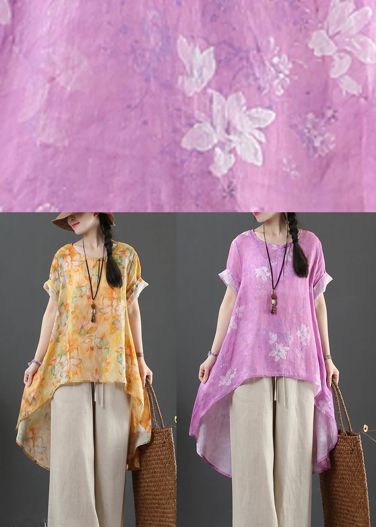 Italian Purple Print Linen Button Summer Shirt Top - SooLinen