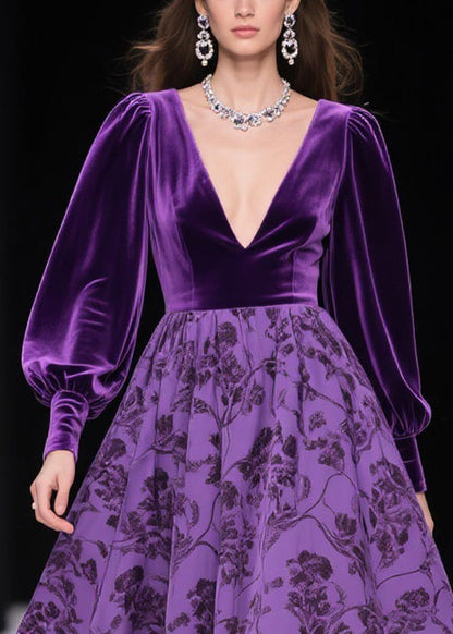 Italian Purple Print Patchwork High Waist Silk Velvet Long Dresses