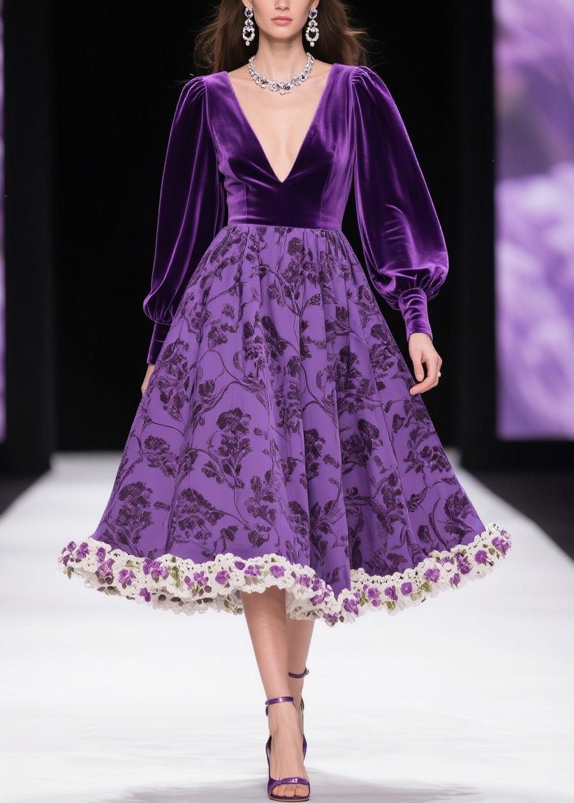 Italian Purple Print Patchwork High Waist Silk Velvet Long Dresses