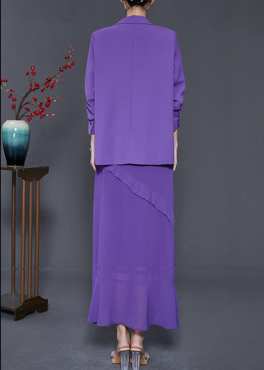 Italienisches lila Chiffon-Spaghettiträgerkleid mit Rüschen, zweiteiliges Set für den Sommer