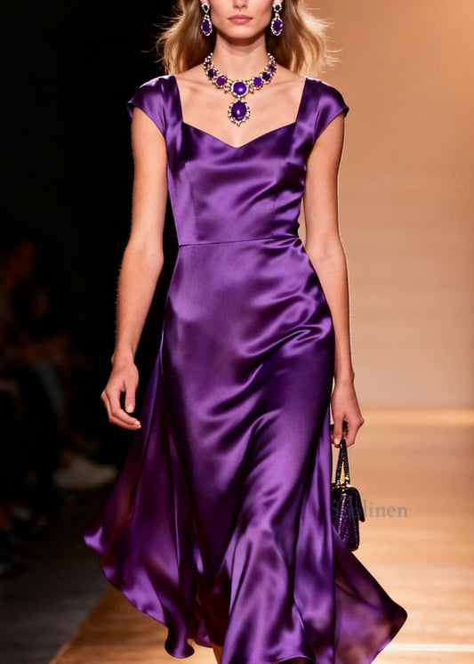 Italian Purple Square Collar Patchwork Silk Long Dresses Summer