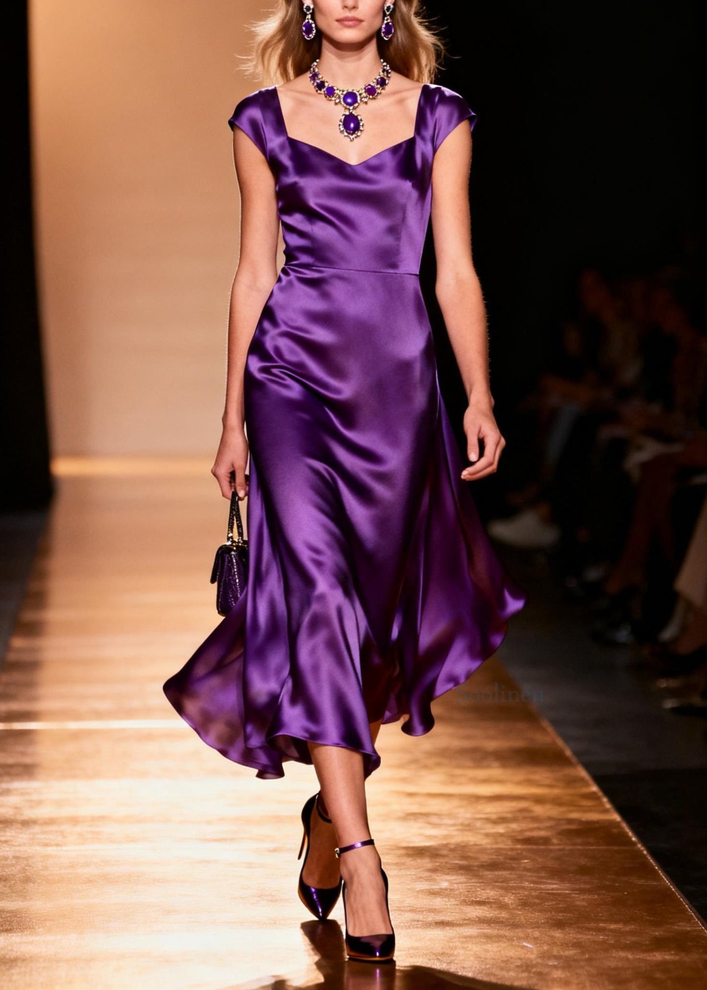Italian Purple Square Collar Patchwork Silk Long Dresses Summer