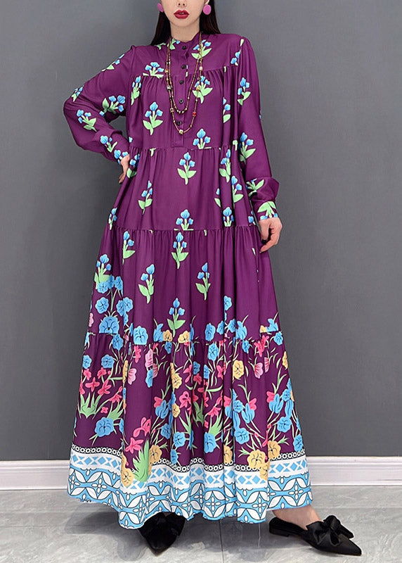 Italienische Lila Stehkragen Knopf Urlaub Kleider Langarm