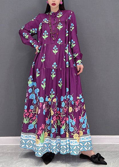 Italienische Lila Stehkragen Knopf Urlaub Kleider Langarm