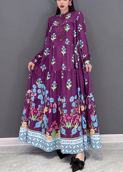 Italienische Lila Stehkragen Knopf Urlaub Kleider Langarm