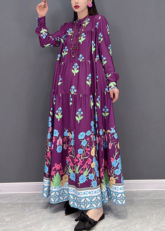 Italienische Lila Stehkragen Knopf Urlaub Kleider Langarm