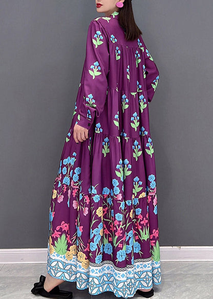 Italienische Lila Stehkragen Knopf Urlaub Kleider Langarm