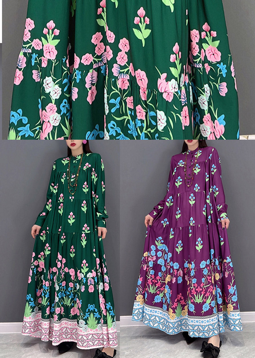 Italienische Lila Stehkragen Knopf Urlaub Kleider Langarm