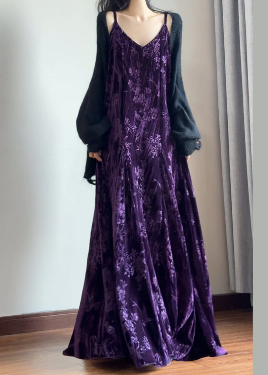 Vestido italiano morado con escote en V, de terciopelo jacquard de seda y tirantes finos, sin mangas