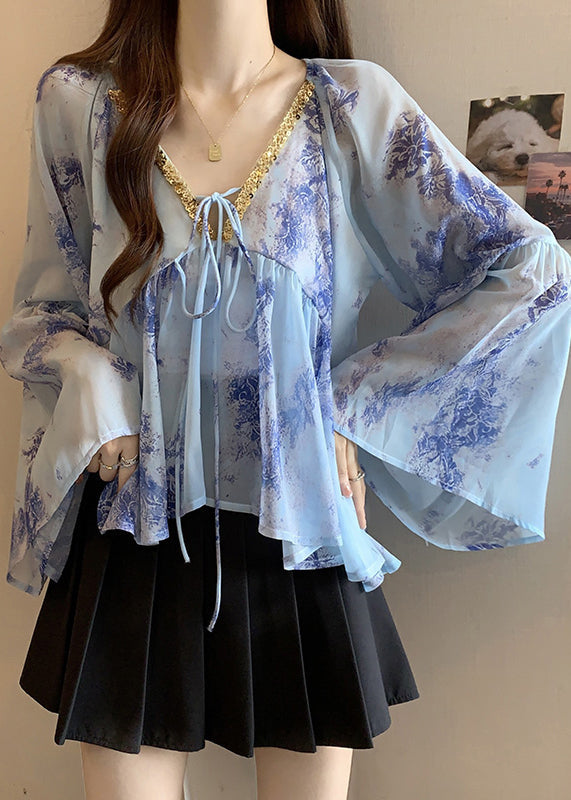 Blusas de gasa italianas con cuello en V, encaje y patchwork para primavera