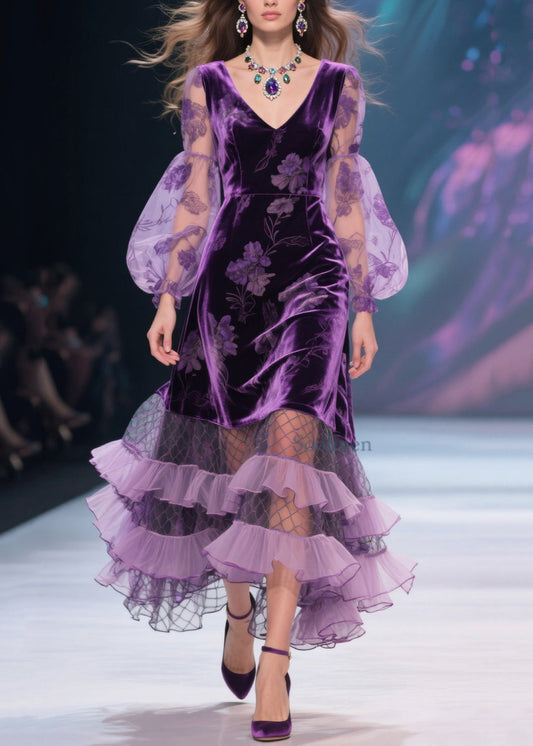 Vestido italiano de terciopelo con volantes y cuello en V morado con estampado de tul para primavera