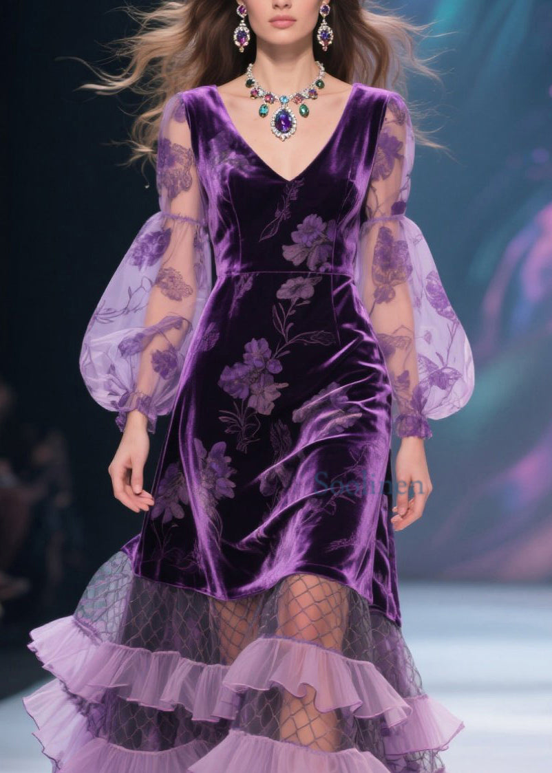 Vestido italiano de terciopelo con volantes y cuello en V morado con estampado de tul para primavera
