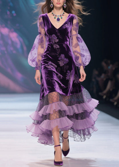 Vestido italiano de terciopelo con volantes y cuello en V morado con estampado de tul para primavera
