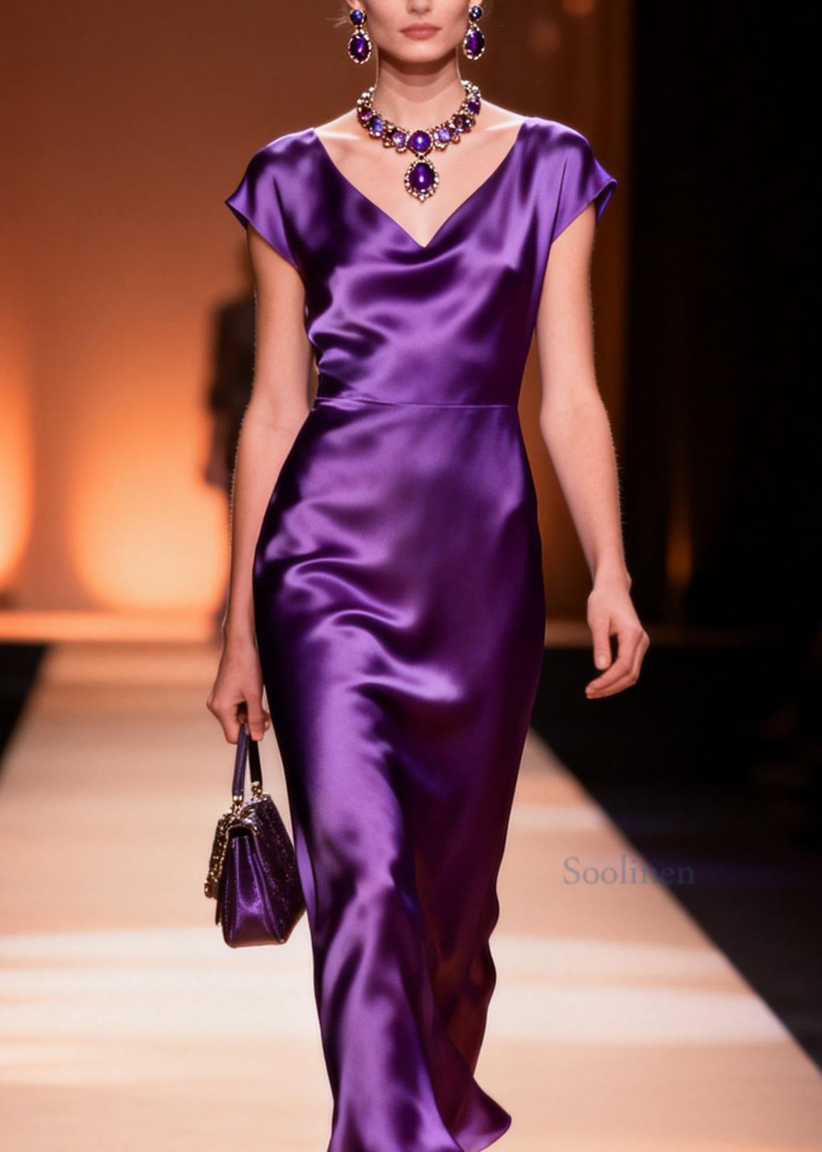 Italian Purple V Neck Silk Long Dress Summer