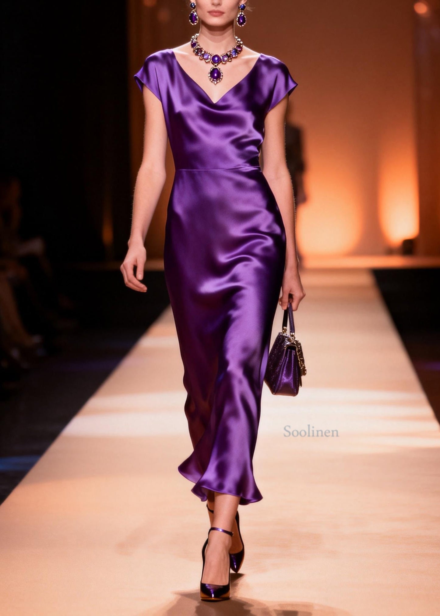 Italian Purple V Neck Silk Long Dress Summer