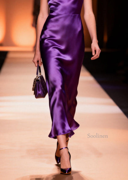 Italian Purple V Neck Silk Long Dress Summer