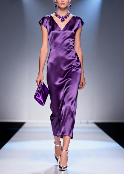 Italian Purple V Neck Silk Maxi Dresses Summer