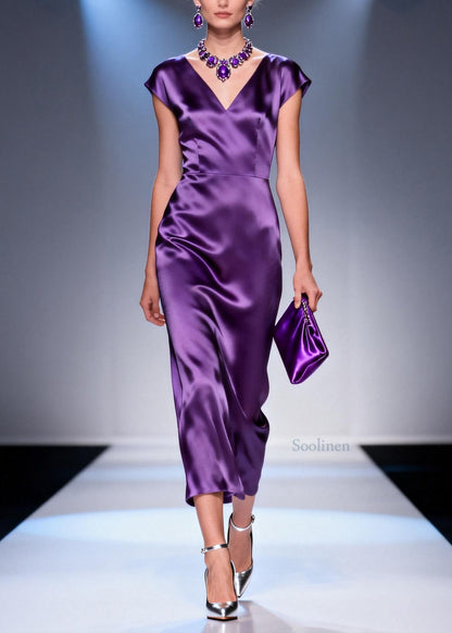 Italian Purple V Neck Silk Maxi Dresses Summer