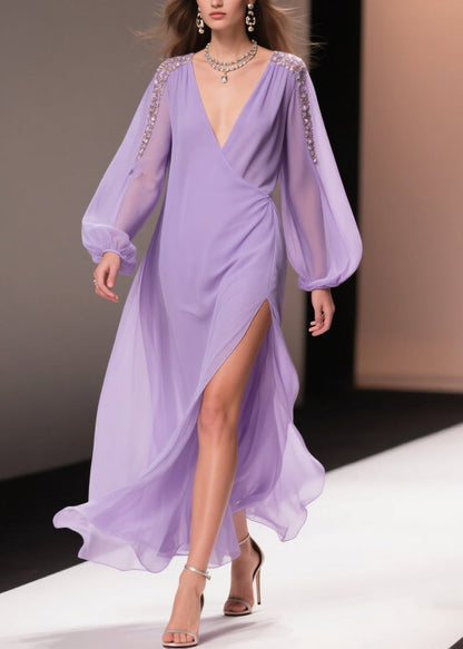 Italian Purple Wrinkled Side Open Solid Chiffon Long Dresses Spring