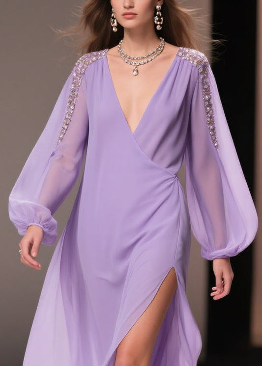 Italian Purple Wrinkled Side Open Solid Chiffon Long Dresses Spring