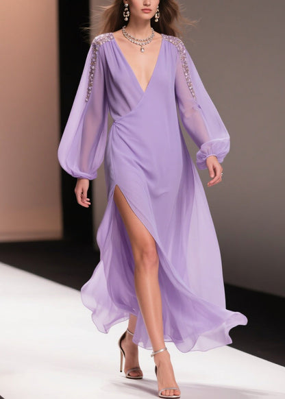 Italian Purple Wrinkled Side Open Solid Chiffon Long Dresses Spring
