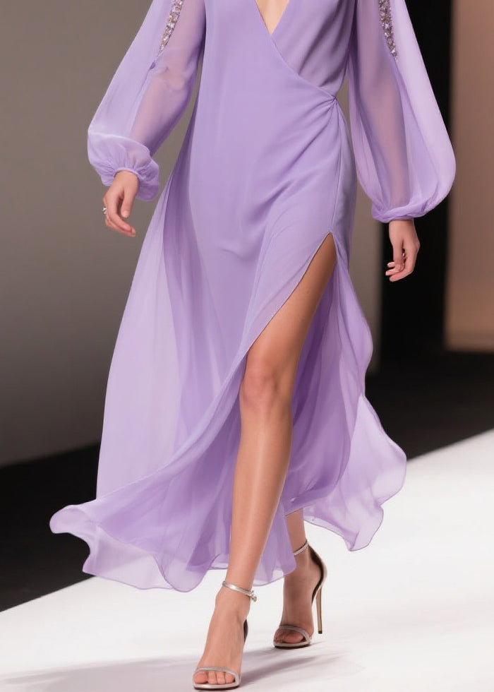 Italian Purple Wrinkled Side Open Solid Chiffon Long Dresses Spring
