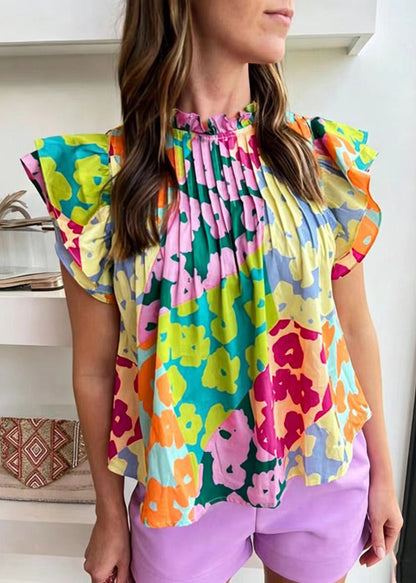 Italian Rainbow Wrinkled Print Shirt Top Butterfly Sleeve