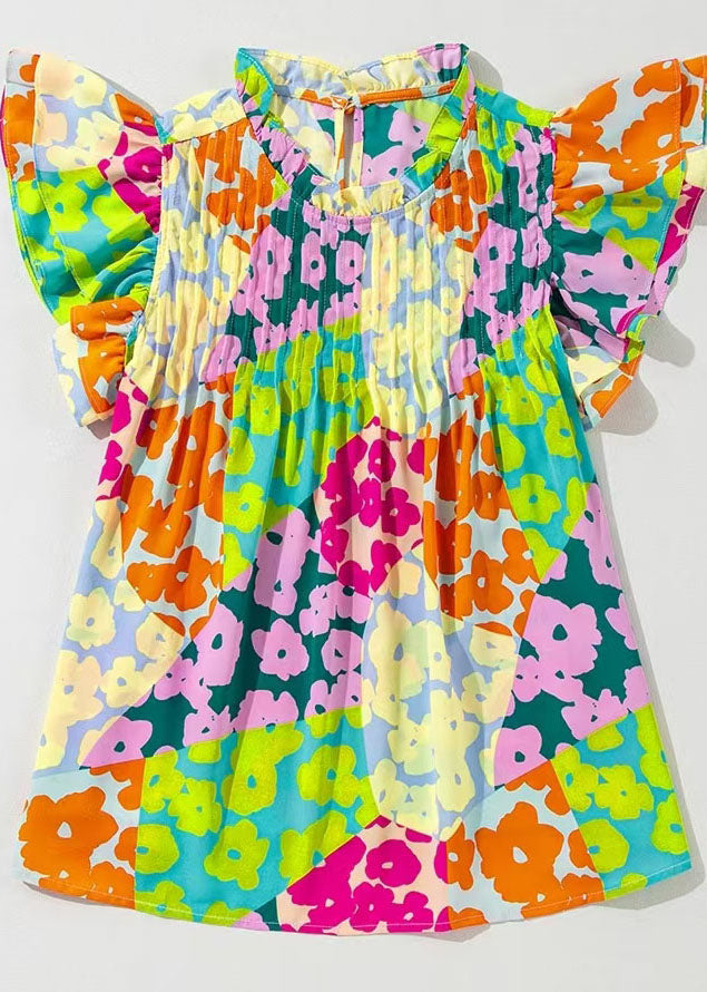 Italian Rainbow Wrinkled Print Shirt Top Butterfly Sleeve