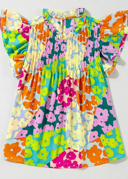 Italian Rainbow Wrinkled Print Shirt Top Butterfly Sleeve