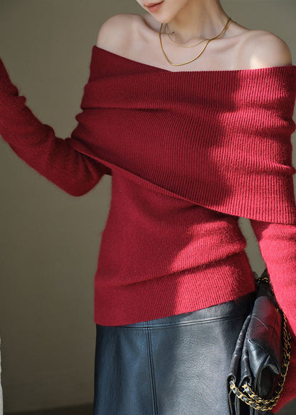 Italian Red Cold Shoulder Cotton Knit Sweater Tops Spring