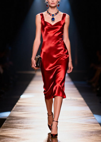 Italian Red Draping Neckline Silk Dress Sleeveless