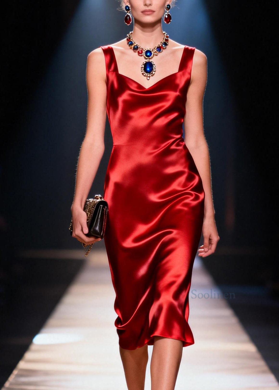 Italian Red Draping Neckline Silk Dress Sleeveless