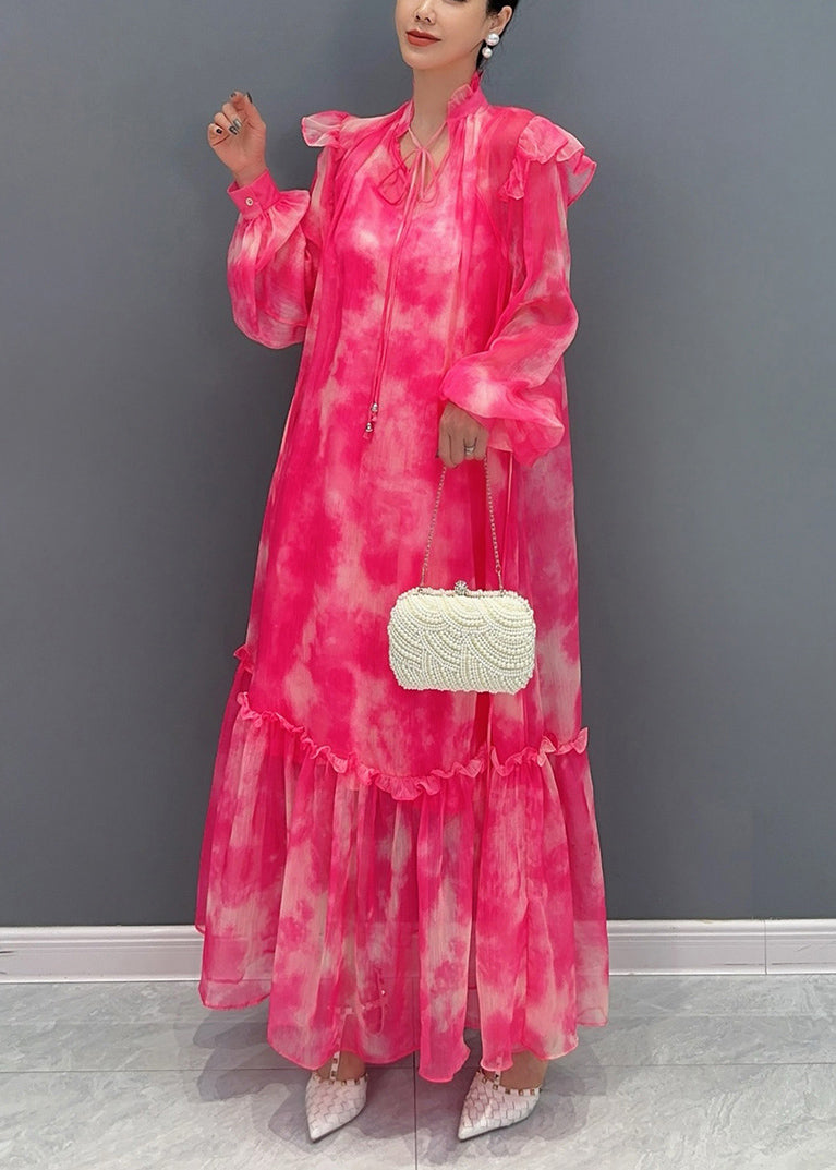 Italian Red V Neck Print Long Dress Lantern Sleeve