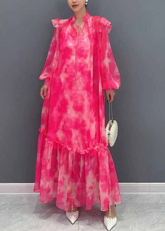 Italian Red V Neck Print Long Dress Lantern Sleeve
